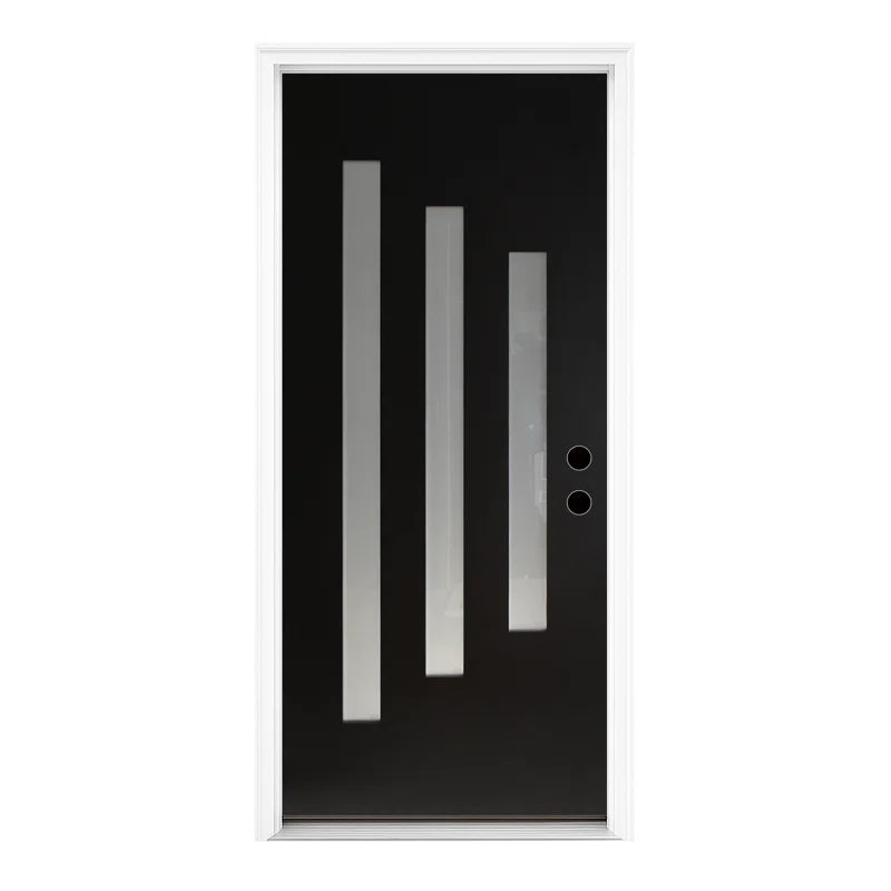 36" X 80" Modern Black Fiberglass Front Entry Door with Vertical Frosted Glass Design