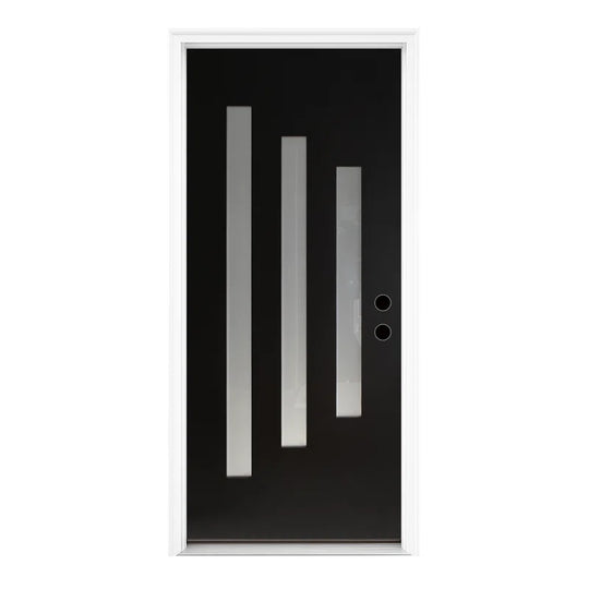 36" X 80" Modern Black Fiberglass Front Entry Door with Vertical Frosted Glass Design