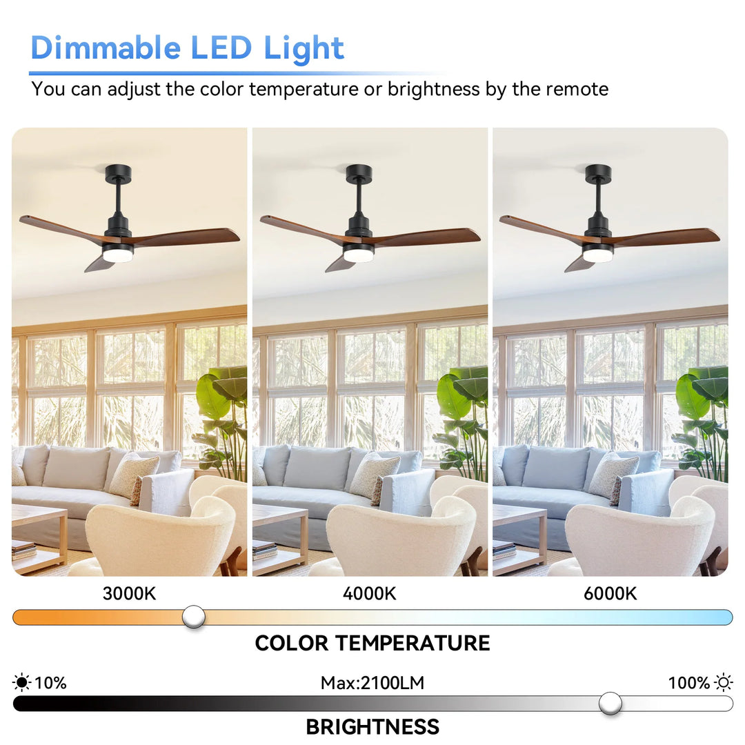 Sofucor 42"/48"/ 52"/60"Noiseless Walnut Wood Ceiling Fan with Remote Control, Integrated Light Optional