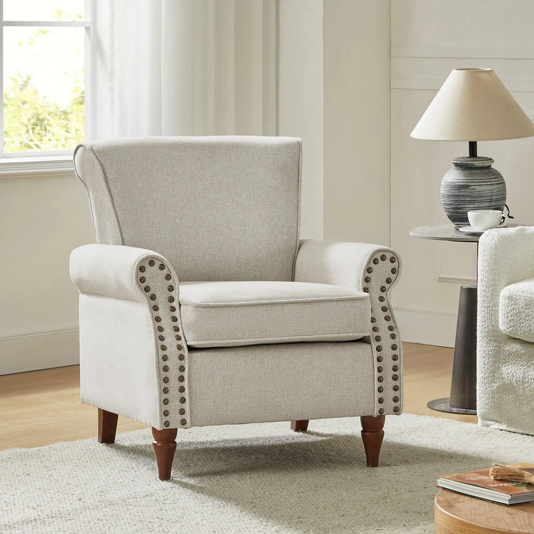 Nyctelius Upholstered Comfy Accent Chair with Turned Wooden Legs and Nailhead Trim Set of 2 by