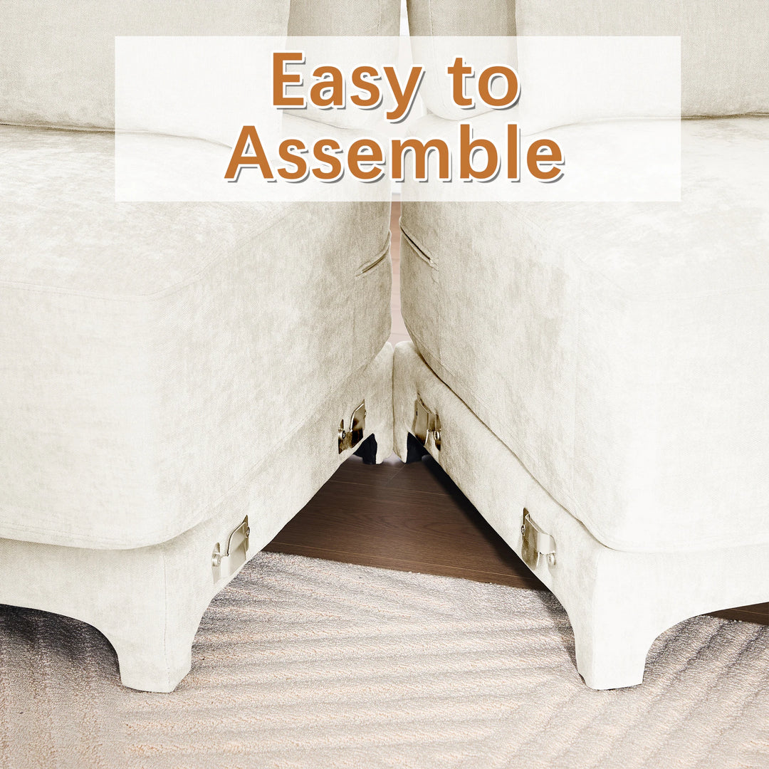 Modern Chenille 4-Seater Sofa with 2 Ottoman, Lumbar Cushions, Ergonomic Backrest, High-Resilience Spongeand Tufted Armrests