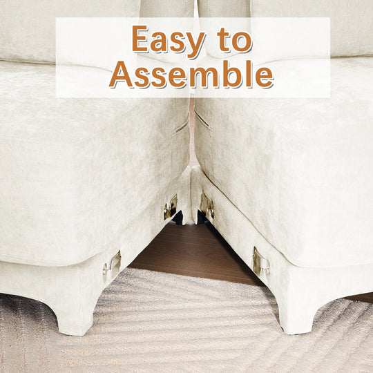 Modern Chenille 4-Seater Sofa with 2 Ottoman, Lumbar Cushions, Ergonomic Backrest, High-Resilience Spongeand Tufted Armrests