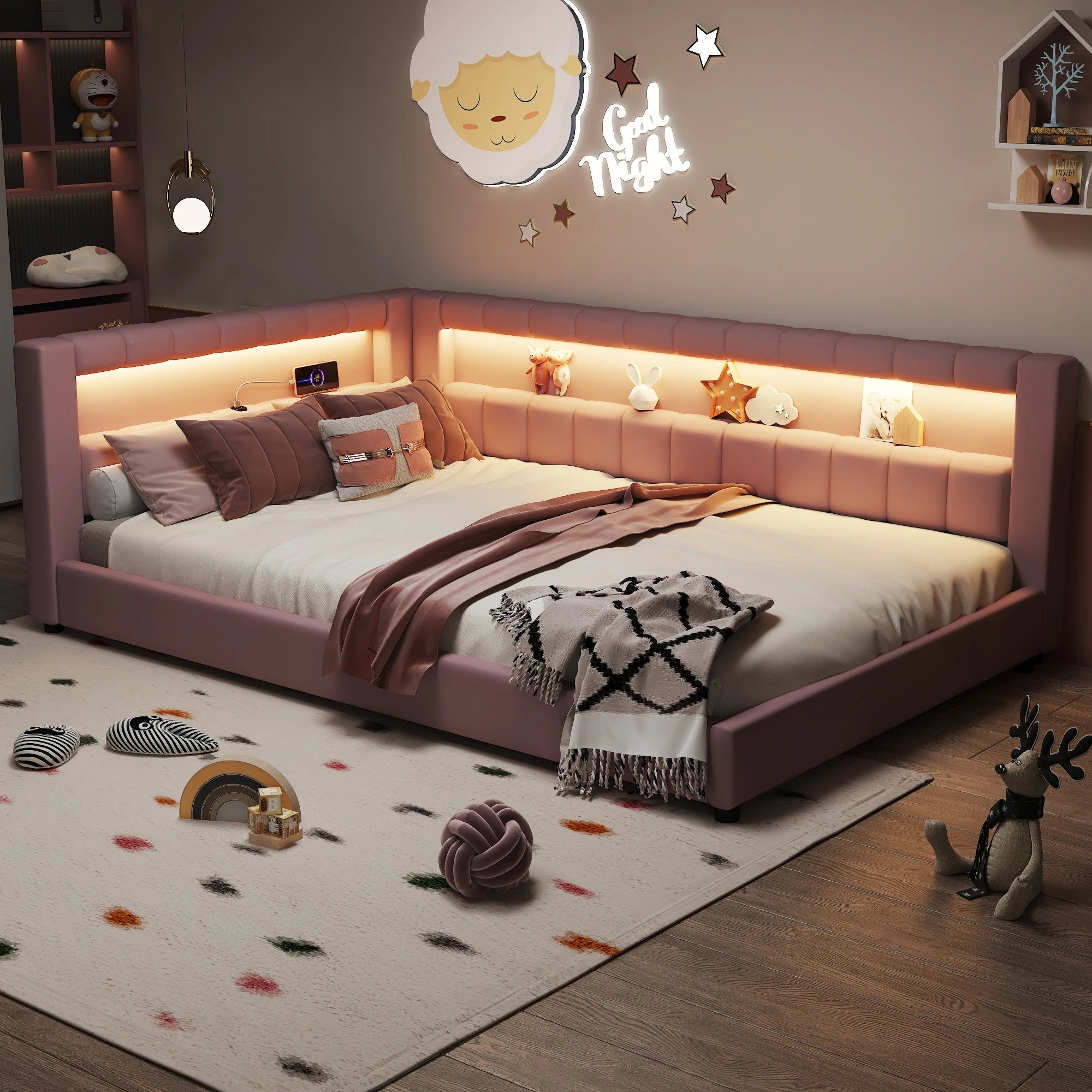 Upholstered Low-Profile Daybed Platform Bed Built-In USB Ports and LED Light Belt, Grounded Design with Padded Backrest