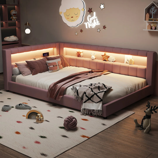 Upholstered Low-Profile Daybed Platform Bed Built-In USB Ports and LED Light Belt, Grounded Design with Padded Backrest