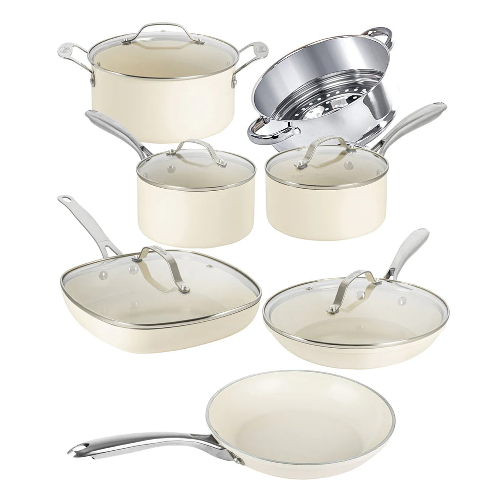 Cream 12 Piece Pots and Pans Ultra Nonstick Ceramic Cookware Set with Stay Cool Handles