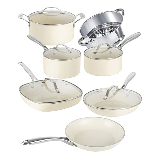 Cream 12 Piece Pots and Pans Ultra Nonstick Ceramic Cookware Set with Stay Cool Handles