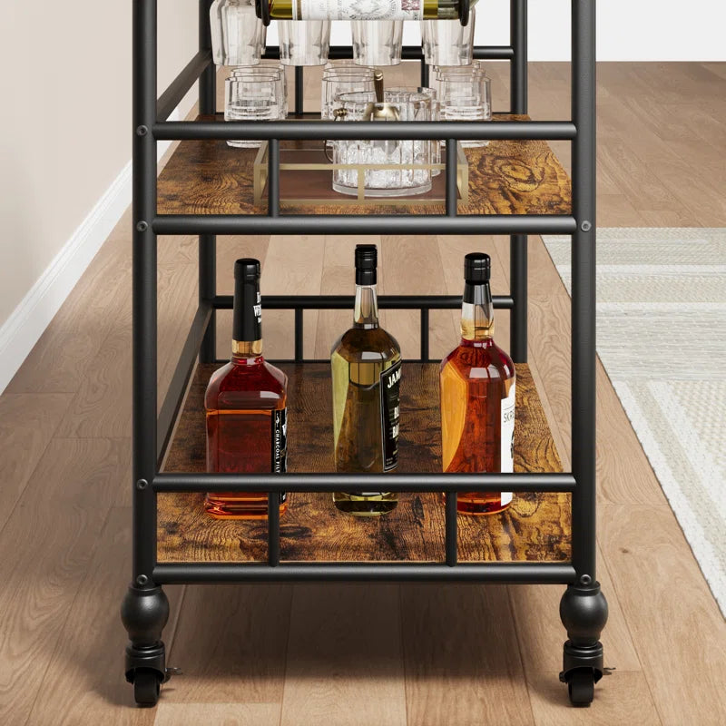 Serving Bar Cart for Home with Wine Rack & Glass Holders, Drink Trolley on Wheels