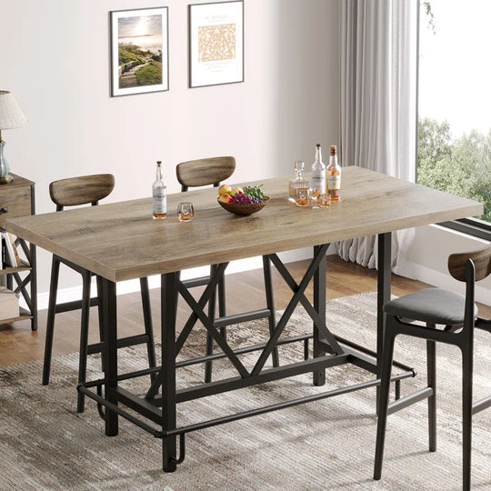 Counter Height Bar Table, 62.99" Long Pub Bar Table with Metal Footrest for Dining Kitchen Breakfast