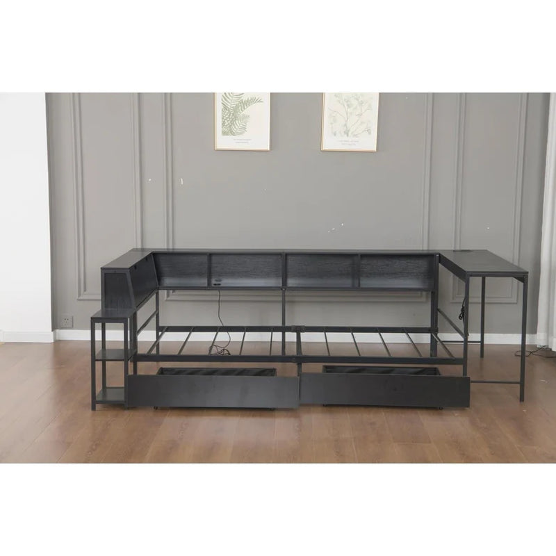 Corner Bed Frame Full Size with Bookcase Two Underbed Storage Drawers LED