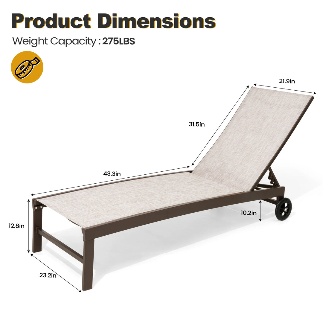Outdoor Patio Aluminum Adjustable Chaise Lounge Chairs with Wheels