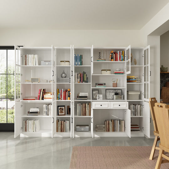 78.7"H Combo Buffet Sideboard White Curio Bookcase Cabinet Glass Door