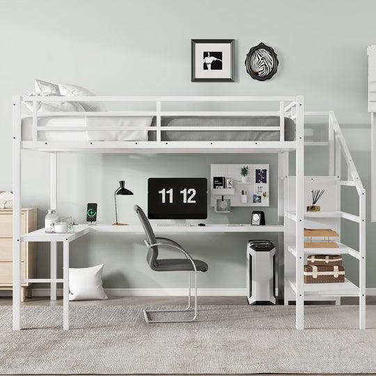 Queen Size Esports Gaming & Work Loft Bed with L-Shaped Desk, USB, LED, Wardrobe and Adjustable Shelf, Versatile Metal Bed Frame