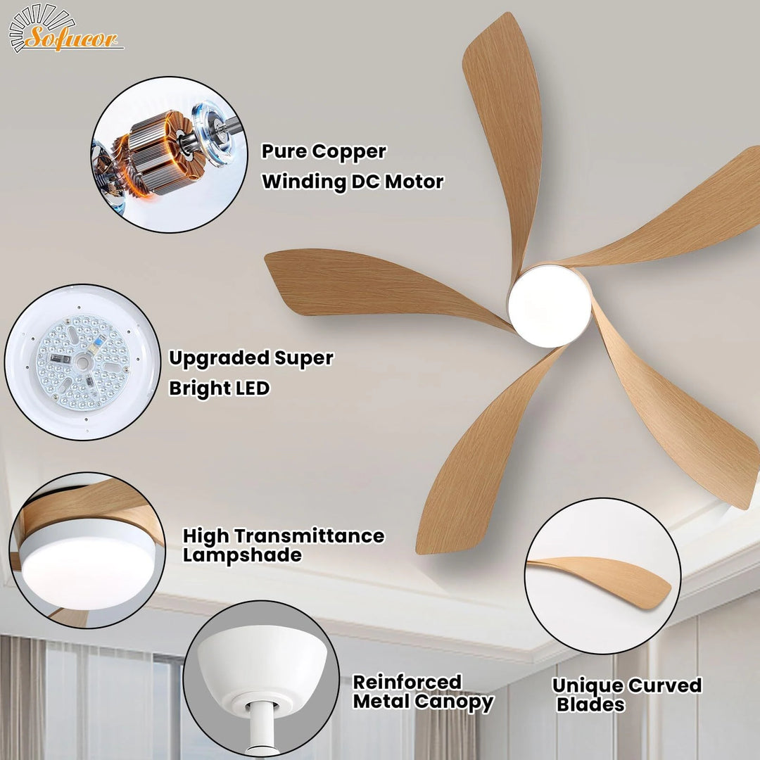 Sofucor 45/52 Inch Ceiling Fan with Remote & Lights Quiet DC Motor 5 Blade High CFM Modern Fan