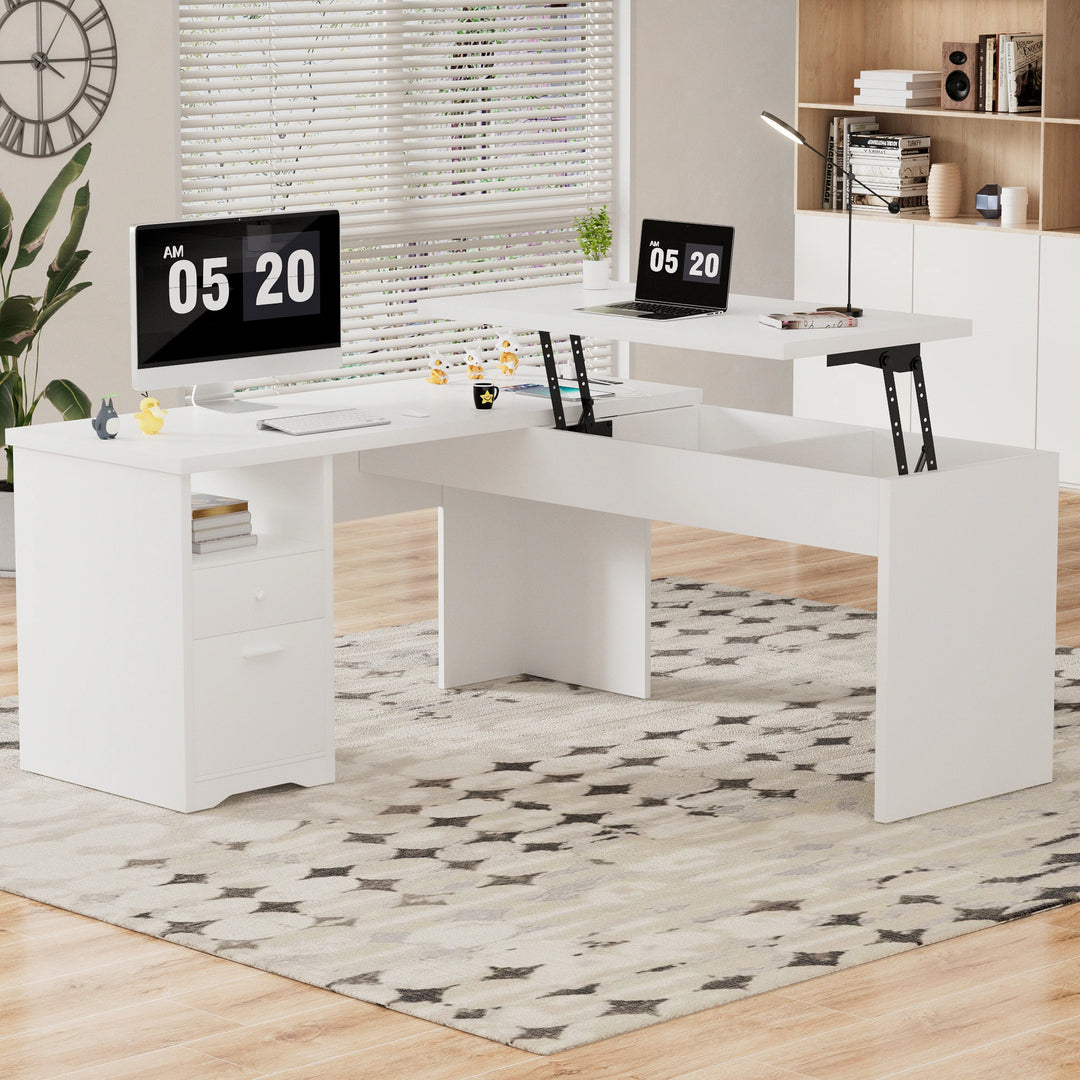 Modern Farmhouse Lift Top L-Shaped Desk with Charge Station, Corner Desk with File Drawers for Home Office
