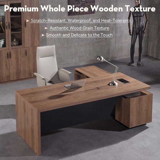 WESOME Retractable L-Shaped Executive Desk with Cable Management Drawers and Lateral File Cabinet