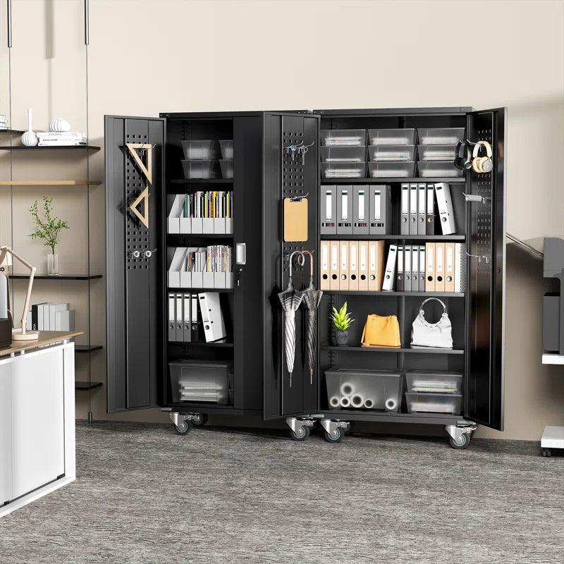 Metal Garage Storage Cabinets with Wheels & Pegboard, 72"H Rolling Storage Cabinet with Lockable Doors and 4 Adjustable Shelves, (72" H×32" W×16" D)