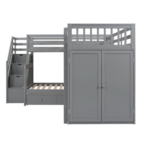 L-Shaped Bunk Bed with Three Drawers, Portable Desk and Wardrobe, Twin-Twin over Full Design