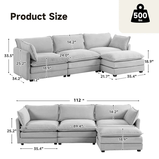 Corduroy Sectional Sofa with Removable Ottomans & Ultra-Soft Cushions for Living Room & Bedroom