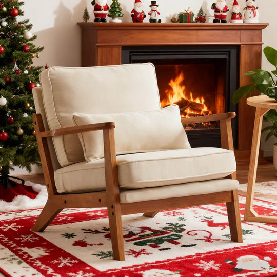 Lemley Upholstered Accent Chair with Wooden Legs and One Pillow
