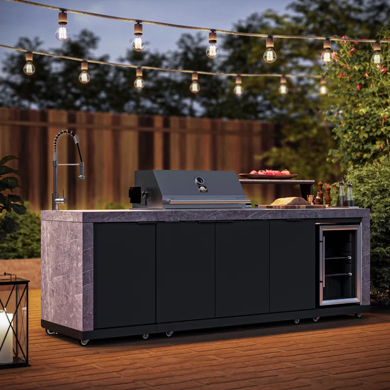 Rimini Outdoor Kitchen 30" BBQ 62,600 BTU, 3 Burners with Sear & Rotisserie, 2.4 Cu.Ft. Beverage Center, Stainless Steel Sink, Black Cabinets & Gray Sintered Stone Countertops