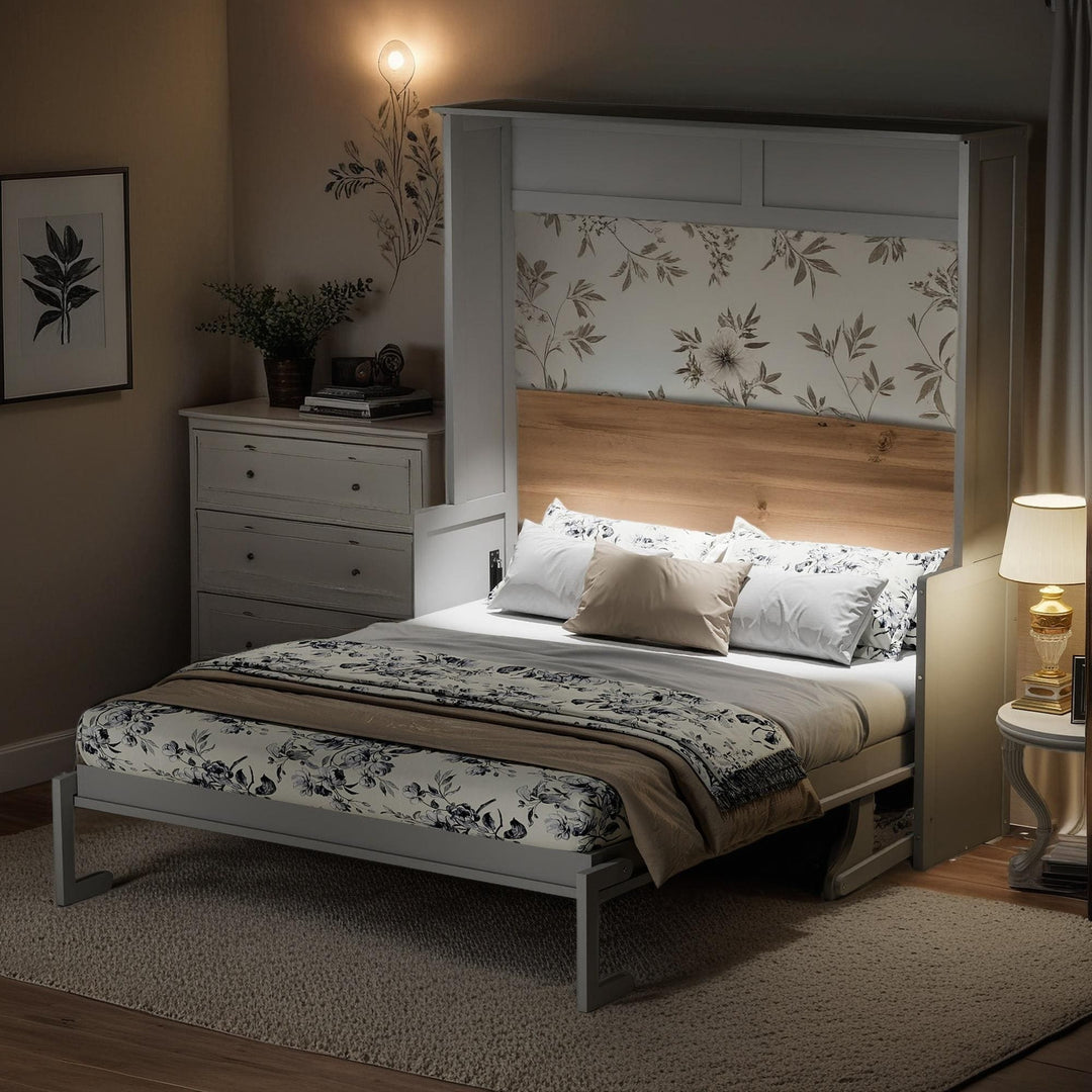 Queen Size Murphy Bed with Fold-Down Desk, Dual LED Lights & Built-In USB Power Station