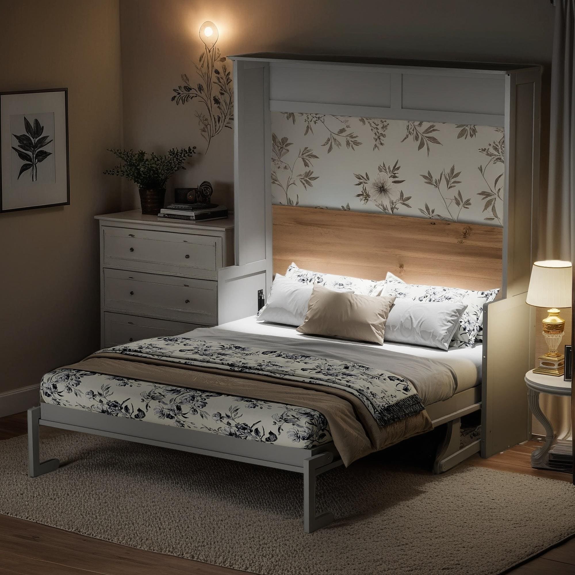 Queen Size Murphy Bed with Fold-Down Desk, Dual LED Lights & Built-In USB Power Station