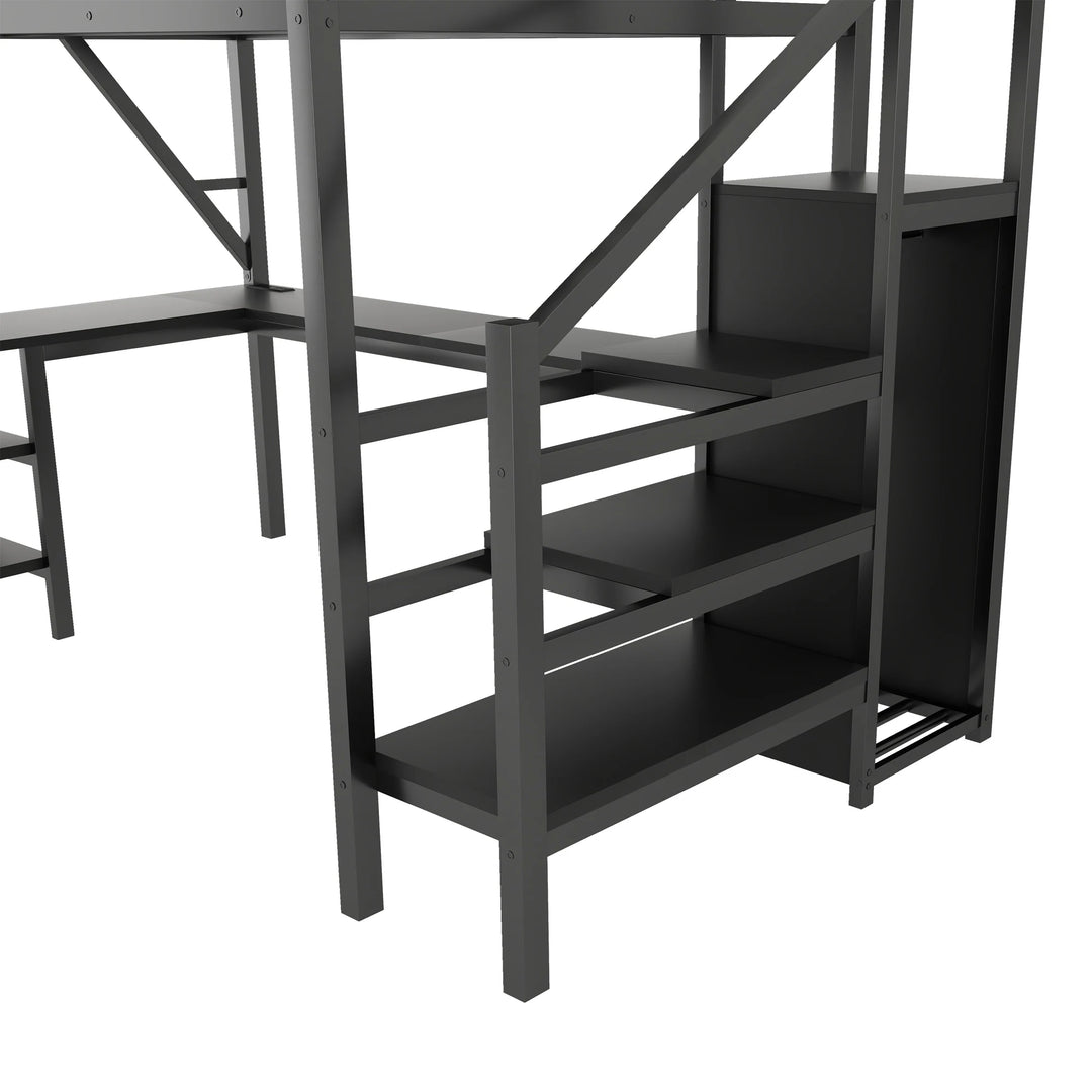 Metal Full Loft Bed with Wardrobe and LED Light, Full Size Loft Bed with L Shaped Desk and USB for Kids Teens Adults