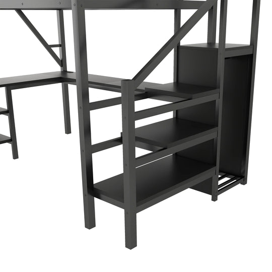 Metal Full Loft Bed with Wardrobe and LED Light, Full Size Loft Bed with L Shaped Desk and USB for Kids Teens Adults