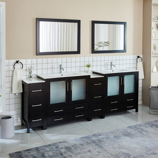 96" Double Sink Bathroom Vanity Set 10 Dove-Tailed Drawers, 3 Cabinets, 2 Shelves Soft-Closing Doors with Free Mirror