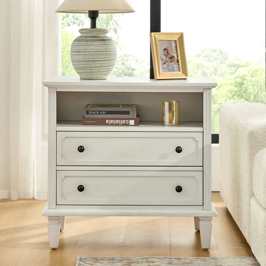 Kamilo Transitional 28''W 2-Drawers End Table with Built-In Charging Station and Solid Wood Legs by