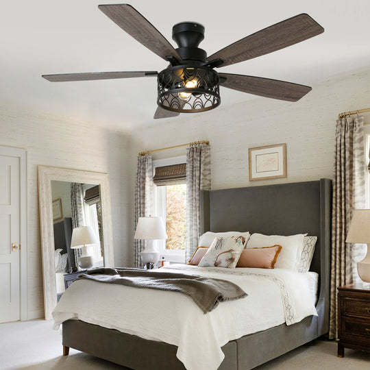 52-In Farmhouse Flush Mount Ceiling Fan with Lights and Remote Control, Black Caged Low Profile Chandelier Ceiling Fan
