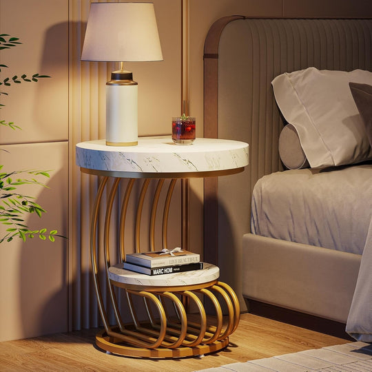 2 Tiers round End Table with Shelf Storage, Arc-Shaped Side Sofa Table