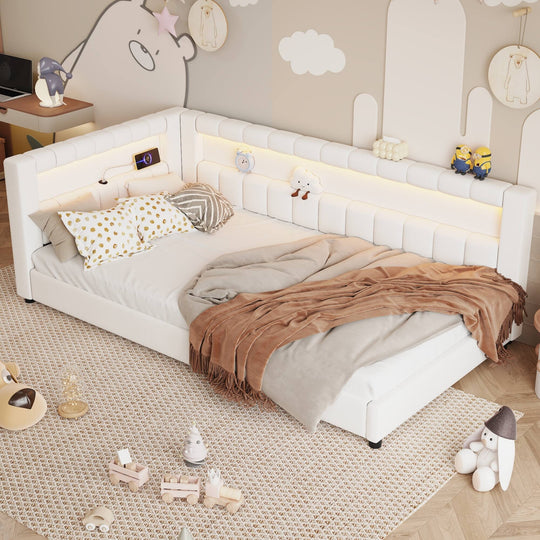 Upholstered Low-Profile Daybed Platform Bed Built-In USB Ports and LED Light Belt, Grounded Design with Padded Backrest