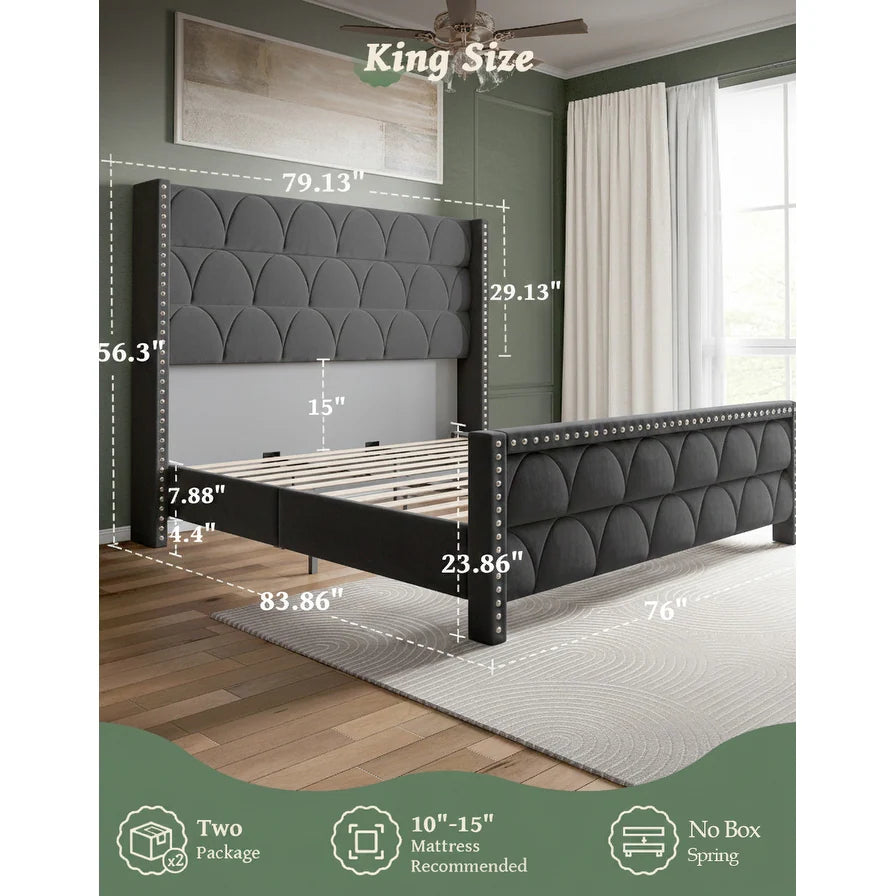 Hansabenne Solid Wood Bed Frame Queen and King Platform Bed Frame with Headboard White and Gray