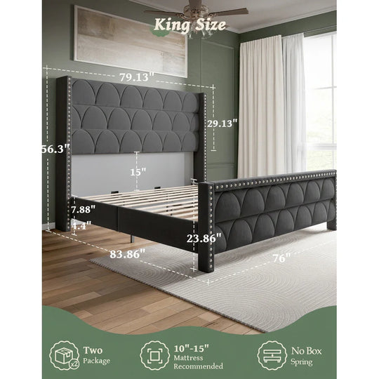 Hansabenne Solid Wood Bed Frame Queen and King Platform Bed Frame with Headboard White and Gray