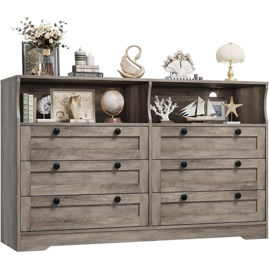 55" Black 6-Drawer Wood Dresser, Modern Storage Organizer for Bedroom, Living Room, Closet & Entryway