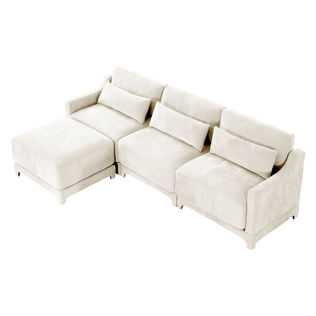 Modern Chenille 4-Seater Sofa with 2 Ottoman, Lumbar Cushions, Ergonomic Backrest, High-Resilience Spongeand Tufted Armrests