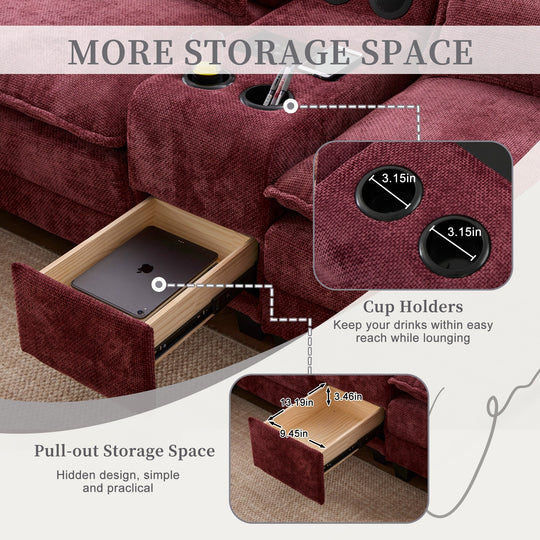 6-Seat Chenille Upholstered Modern U-Shaped Sectional Multifunctional Sofa with 2 Cup Holders,Pull-Out Storage Space