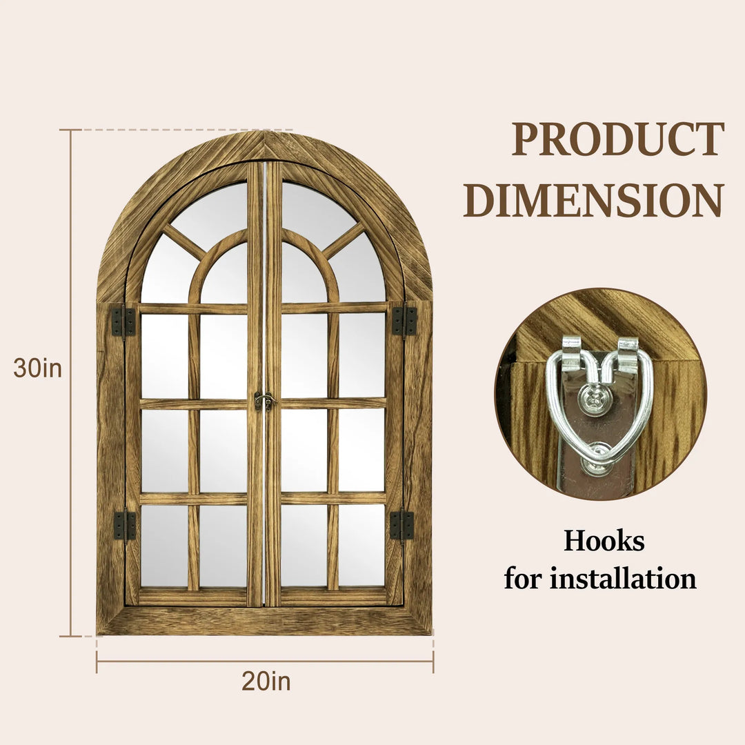 Vintage Wood Windowpane Arched Wall Mirror