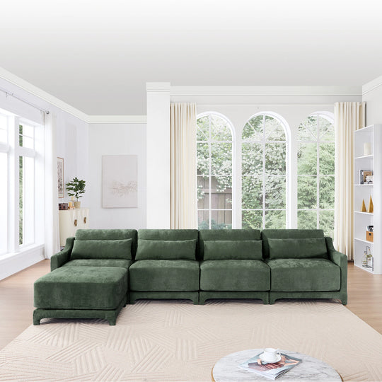 Modern Chenille 4-Seater Sofa with 2 Ottoman, Lumbar Cushions, Ergonomic Backrest, High-Resilience Spongeand Tufted Armrests