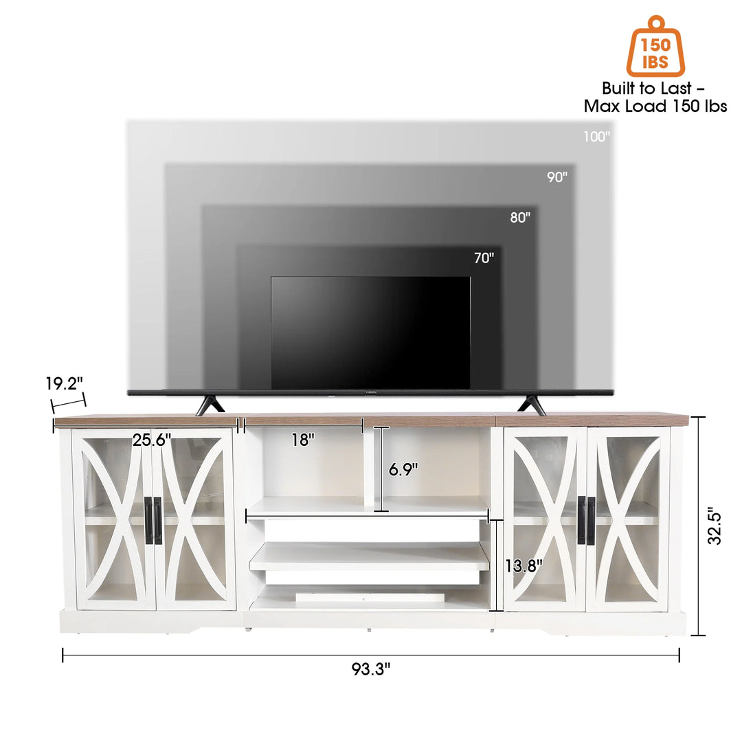 93" Farmhouse White Barn Door Storage Cabinets Console TV Stand for Tvs up to 100" with Adjustable Shelves