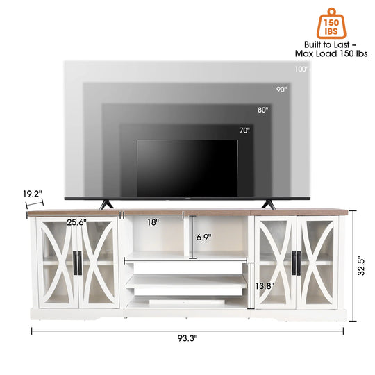 93" Farmhouse White Barn Door Storage Cabinets Console TV Stand for Tvs up to 100" with Adjustable Shelves