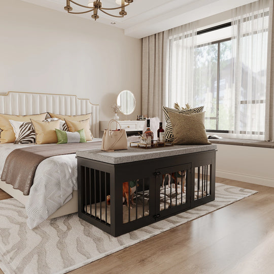 Chic Pet Haven: Luxe Wooden Dog Crate & Designer Home Bench - 47.2"