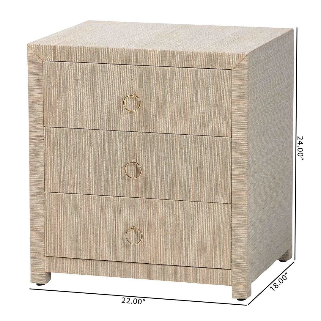 Quinn Bohemian Woven Natural Grasscloth 3-Drawer Nightstand