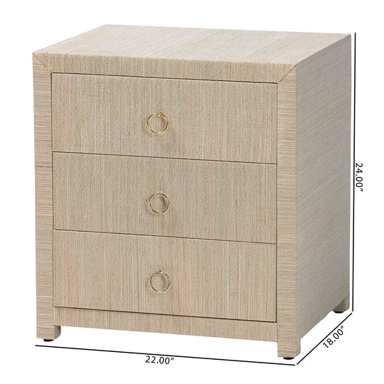 Quinn Bohemian Woven Natural Grasscloth 3-Drawer Nightstand
