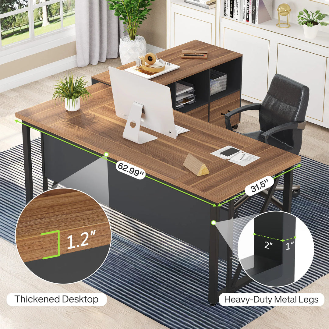63" L-Shaped Computer Desk with 47 Inches Lateral File Cabinet, Executive Desk Home Office Furniture Desk Set