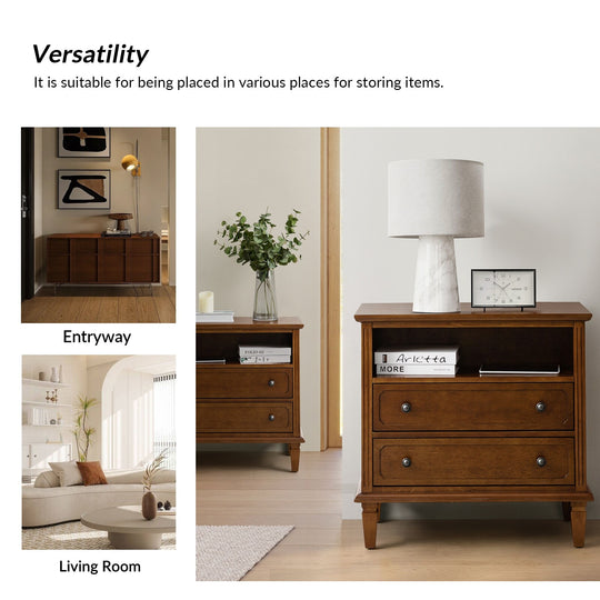 Kamilo Transitional 28''W 2-Drawers End Table with Built-In Charging Station and Solid Wood Legs by