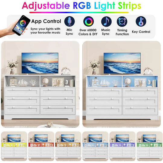 Modern 6 Drawer Dresser for Bedroom with Power Outlet and LED Light