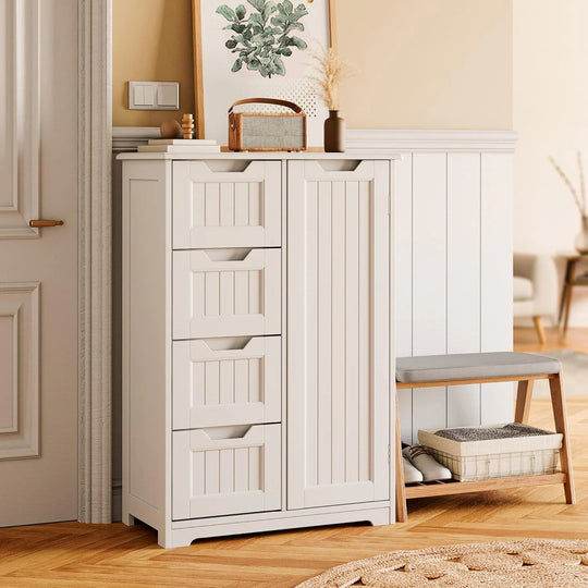 Bathroom Floor Storage Cabinet, Free-Standing Floor Storage Cabinet with 4 Draws and Adjustable Shelf