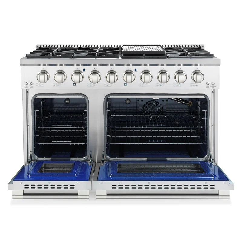 48 In. Vista Collection 5.5 Cu. Ft. Double Oven Gas Range, 8 Italian Burners, LED Panel, Cast Iron Grates, Stainless Steel